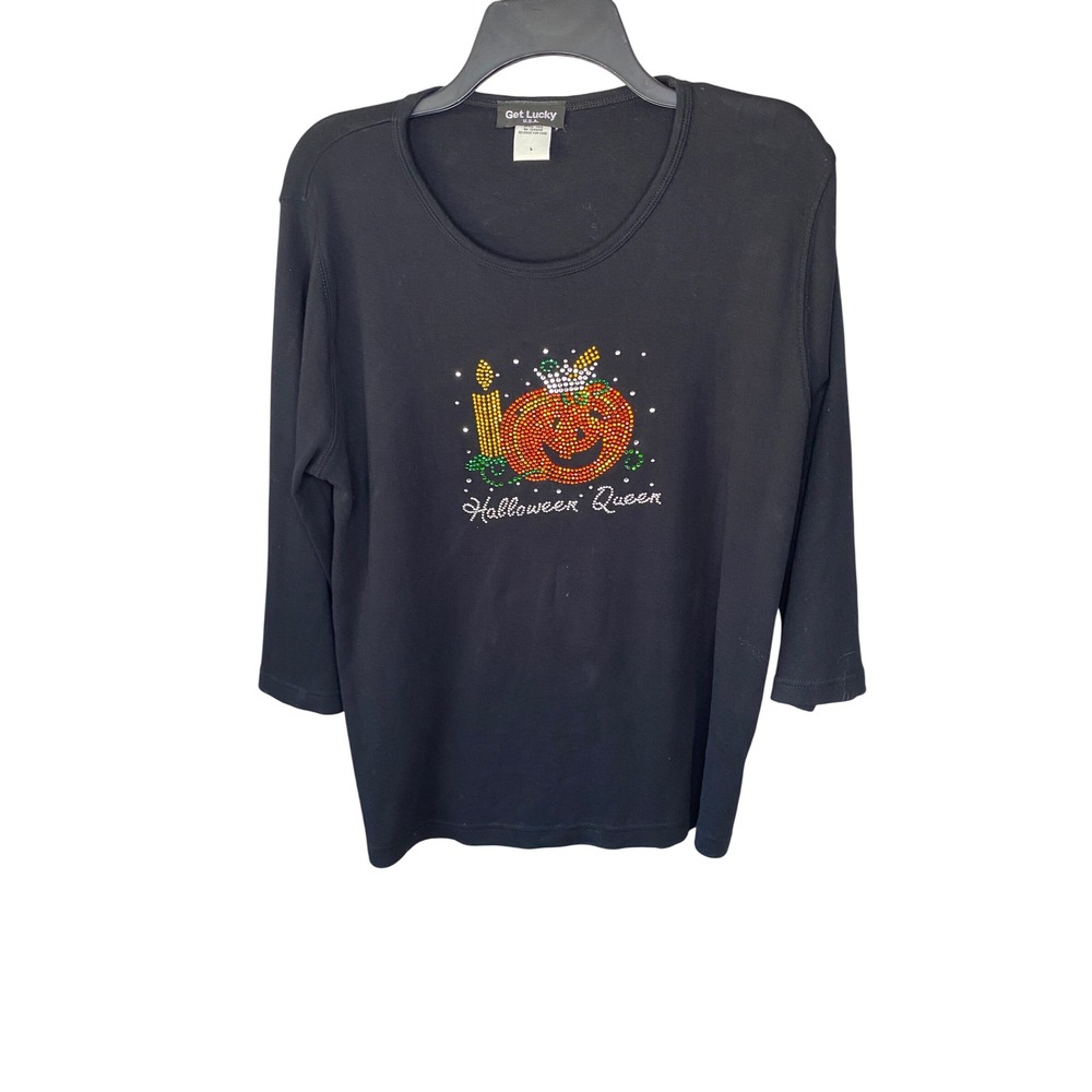 Get Lucky Halloween Queen Rhinestone Pumpkin Black 3/4 Sleeve Top Womens Large